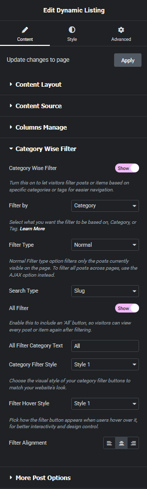 Dynamic listing category wise filter new dynamic listing widget settings overview from the plus addons for elementor