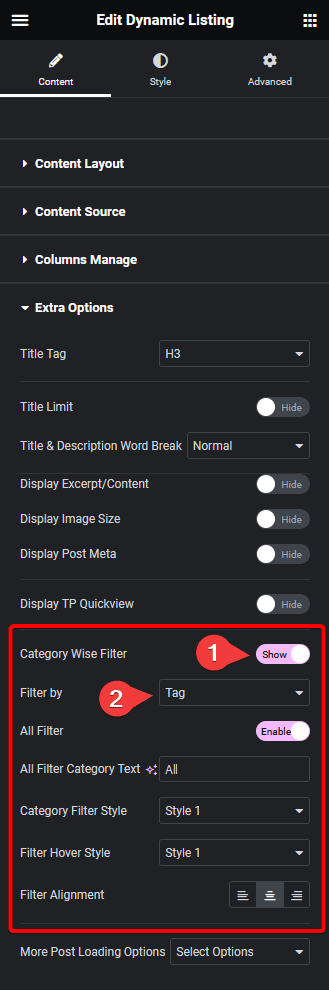 Dynamic listing category wise filter