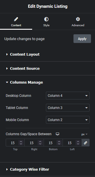 Dynamic listing columns manage new dynamic listing widget settings overview from the plus addons for elementor