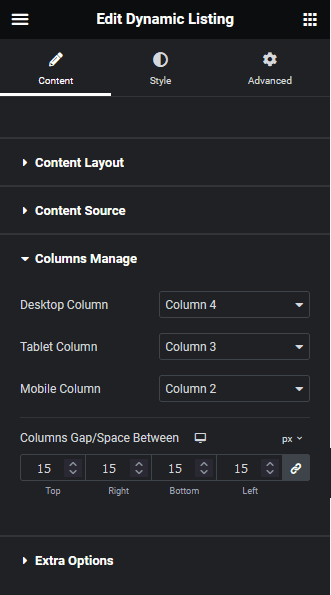 Dynamic listing columns manage