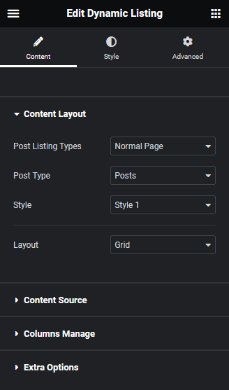 Dynamic listing content layout