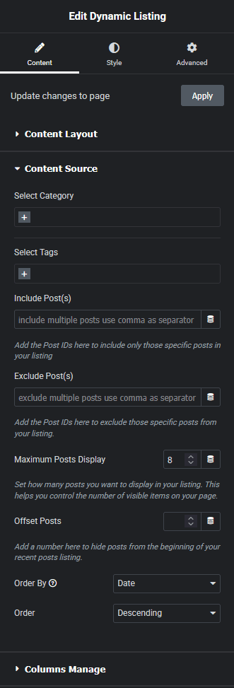 Dynamic listing content source new dynamic listing widget settings overview from the plus addons for elementor