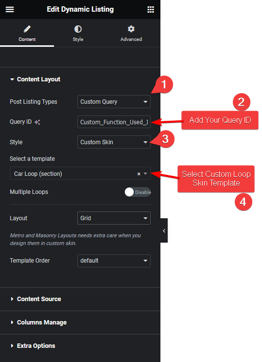 Dynamic listing custom query custom loop skin