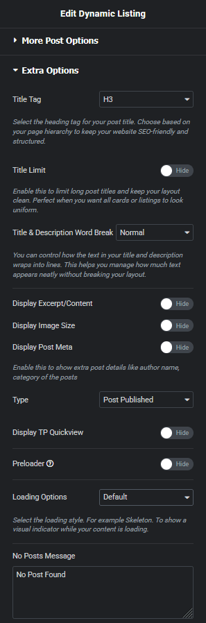 Dynamic listing extra options new dynamic listing widget settings overview from the plus addons for elementor