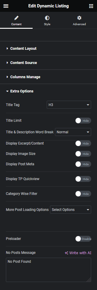 Dynamic listing extra options
