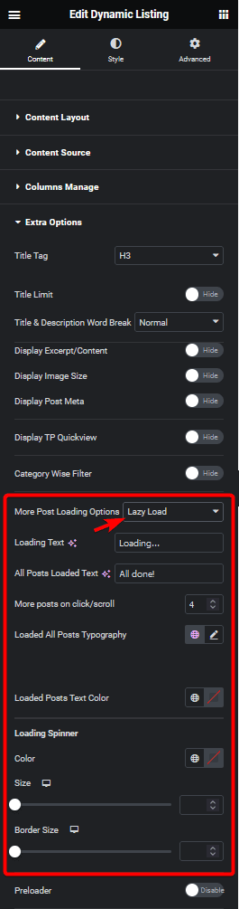 Dynamic listing lazy load