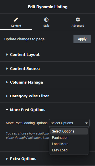 Dynamic listing more post options new dynamic listing widget settings overview from the plus addons for elementor