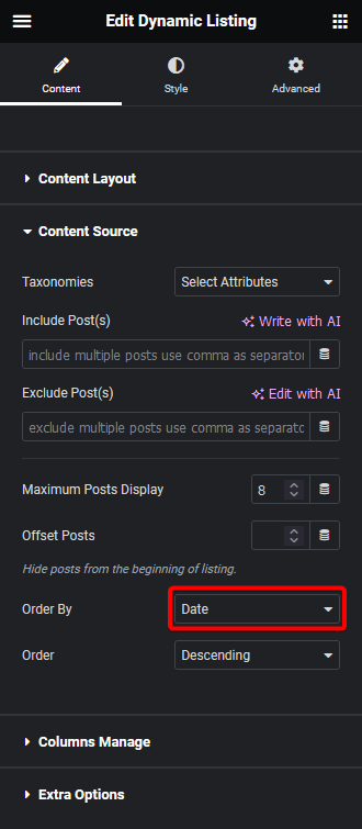 Dynamic listing order by