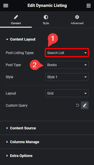 Dynamic listing search list