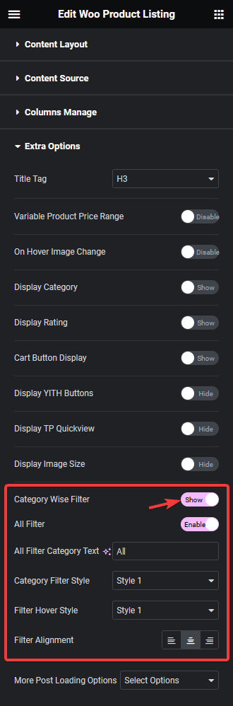 Product listing category filter