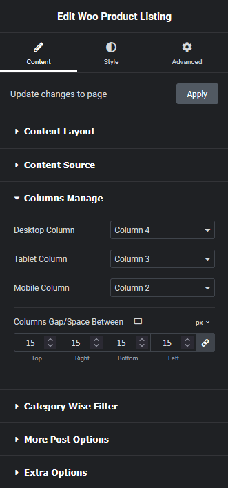 Product listing columns manage new product listing widget settings overview from the plus addons for elementor
