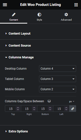 Product listing columns manage