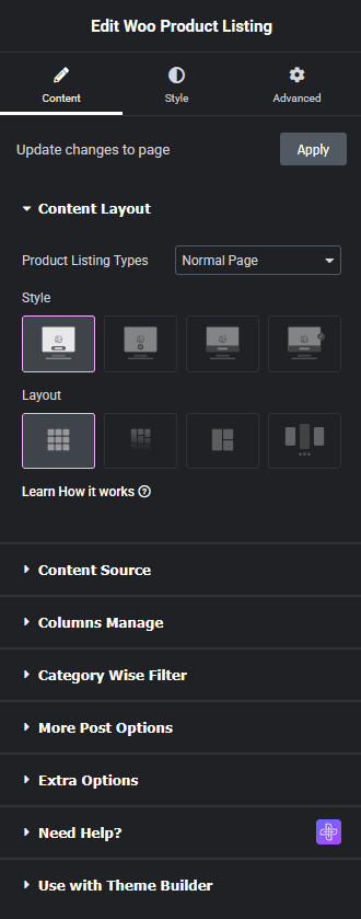 Product listing content layout new product listing widget settings overview from the plus addons for elementor