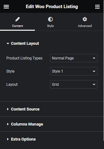 Product listing content layout