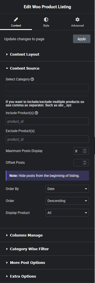 Product listing content source new product listing widget settings overview from the plus addons for elementor