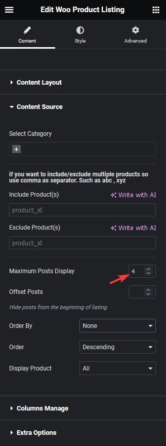 Product listing maximum posts display