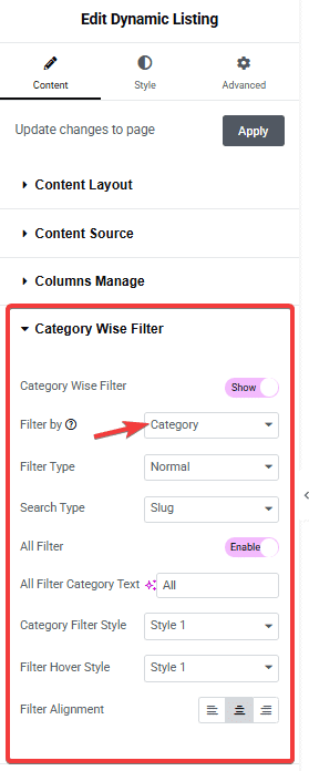 Tpae dynamic listing category wise filter filter by category 1 how to add filters to elementor custom post loop skin? From the plus addons for elementor