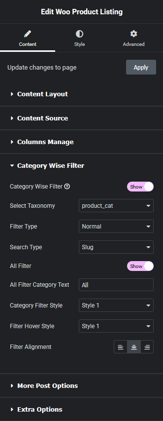Tpae product listing category wise filter new product listing widget settings overview from the plus addons for elementor