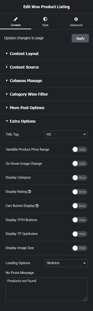 Tpae product listing extra options new product listing widget settings overview from the plus addons for elementor