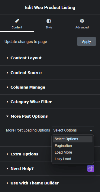 Tpae product listing more post options new product listing widget settings overview from the plus addons for elementor