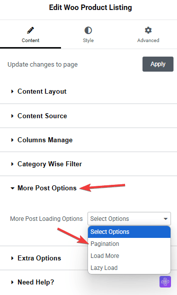 tpae product listing more post options | The Plus Addons for Elementor Tpae product listing more post options product listing widget settings overview from the plus addons for elementor