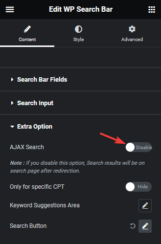 Wp search bar ajax search disable