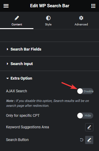 Wp search bar ajax search disable