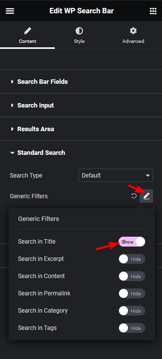 Search bar generic filters