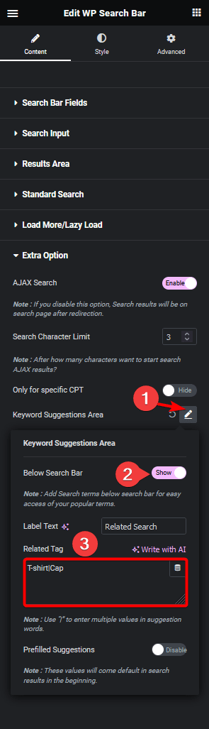 Search bar keyword suggestion area