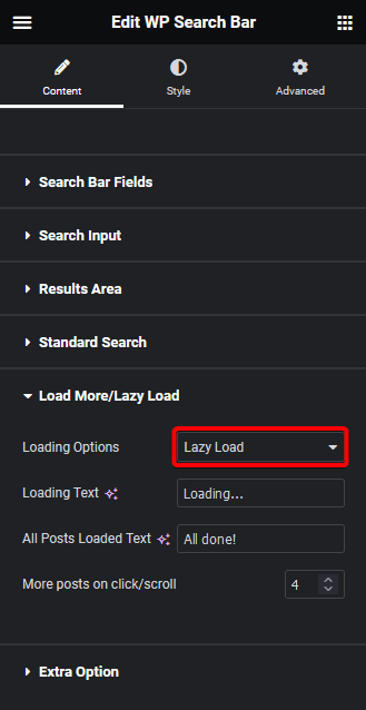 Search bar lazy load