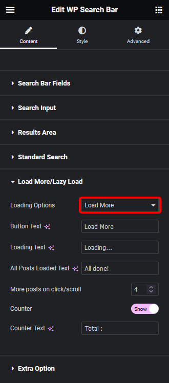 Search bar load more