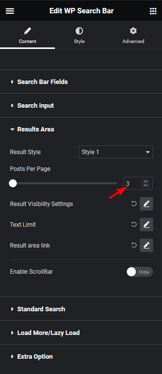 Search bar posts per page