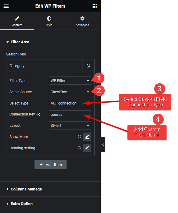 Wp search filters checkbox acf connection cpt