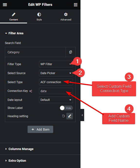 Wp search filters datepicker acf connection cpt