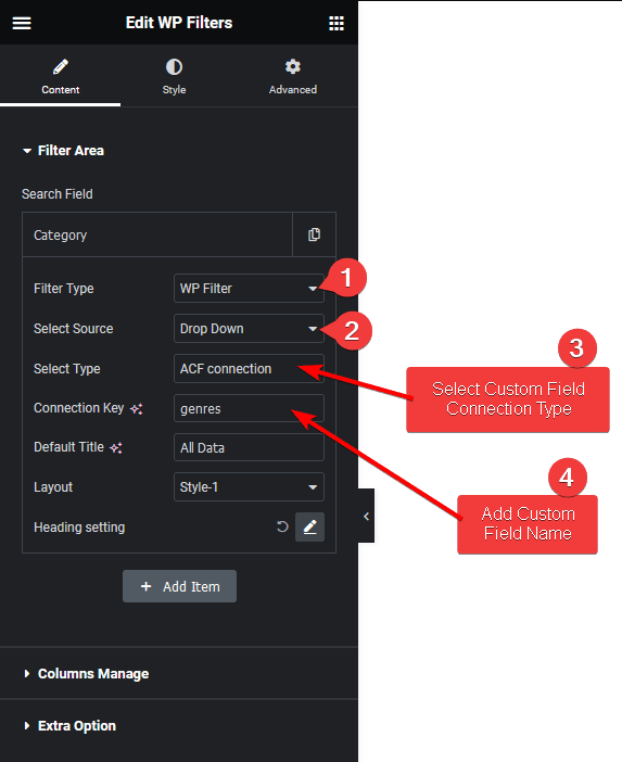 Wp search filters dropdown acf connection cpt
