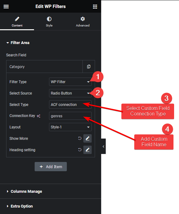 Wp search filters radiobutton acf connection cpt