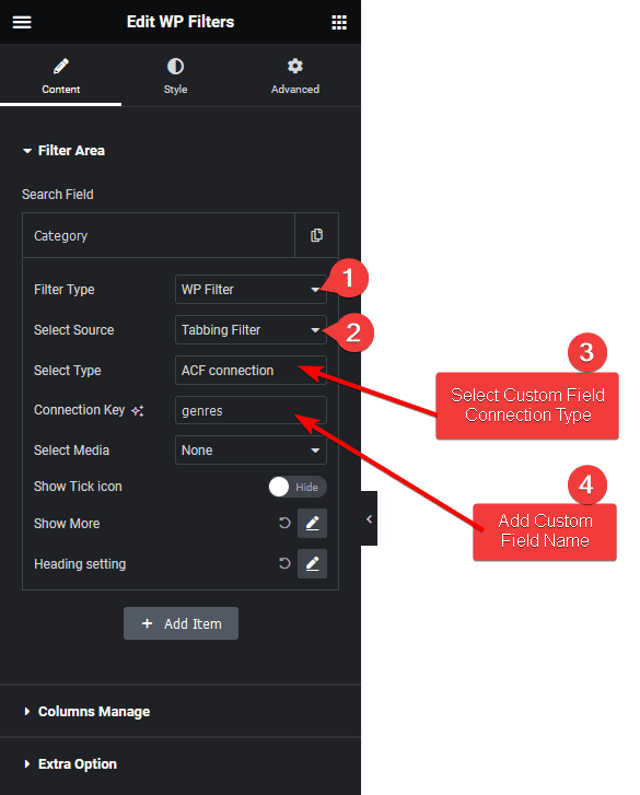 Wp search filters tabbingfilter acf connection cpt