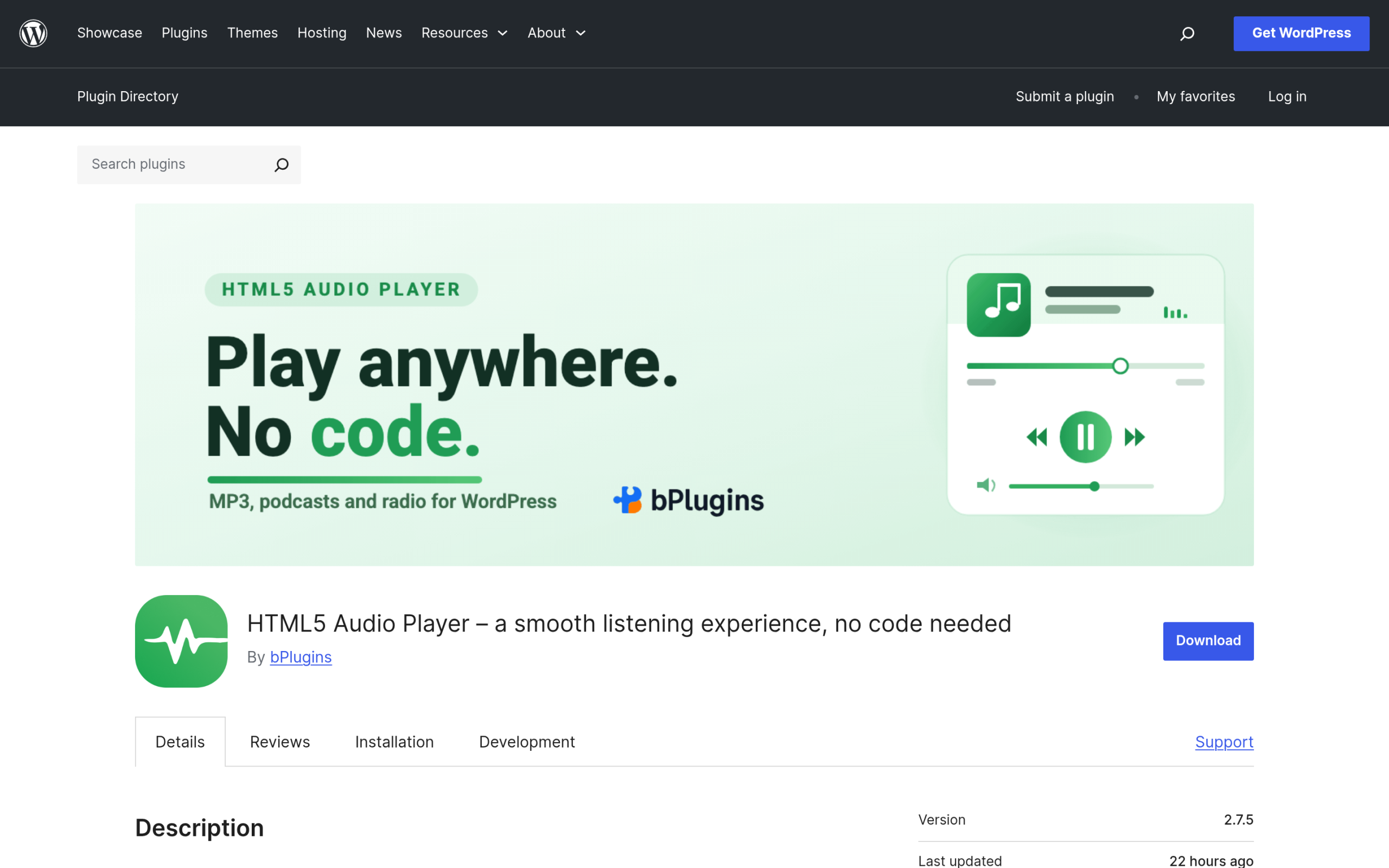 Html5 audio player plugin page on wordpress. Org by bplugins