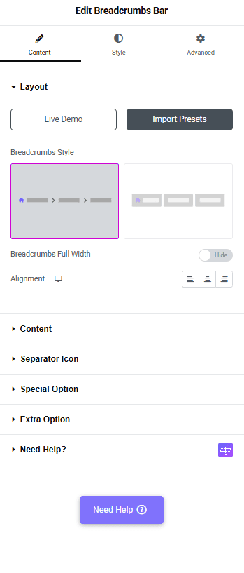Tpae breadcrumbs bar layout breadcrumbs bar widget settings overview from the plus addons for elementor