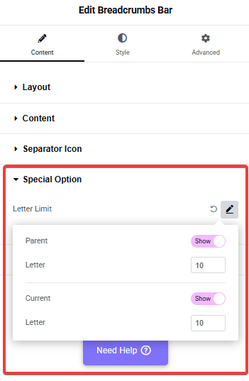 Tpae breadcrumbs bar special option breadcrumbs bar widget settings overview from the plus addons for elementor