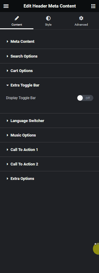 Header meta content extra toggle bar settings