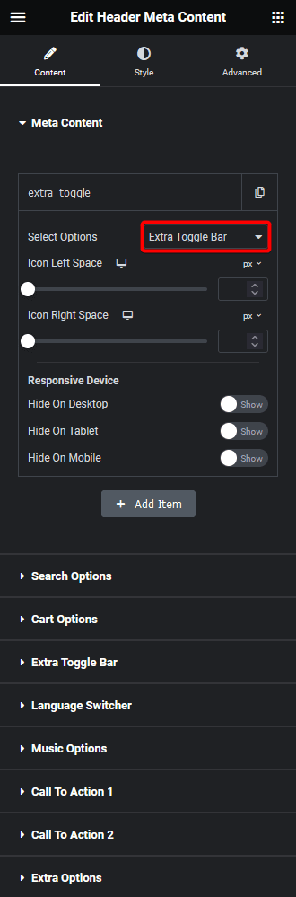 Header meta content extra toggle bar