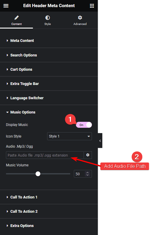 Header meta content music settings