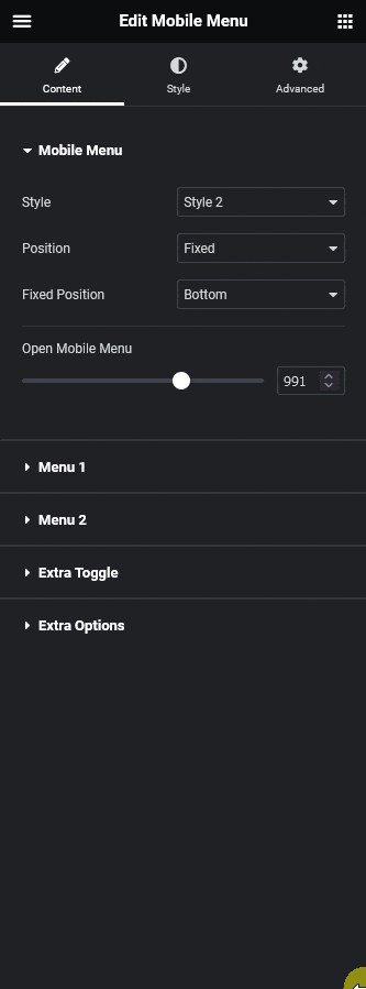 Mobile menu split menu