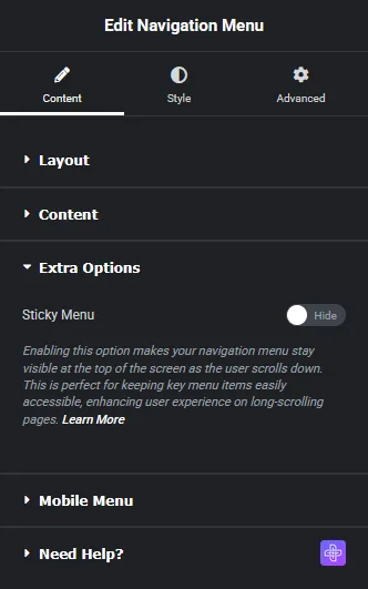 Navigation menu extra options new navigation menu widget settings overview from the plus addons for elementor