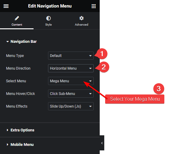 Navigation menu horizontal mega menu