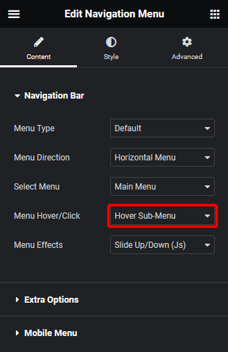 Navigation menu hover sub menu