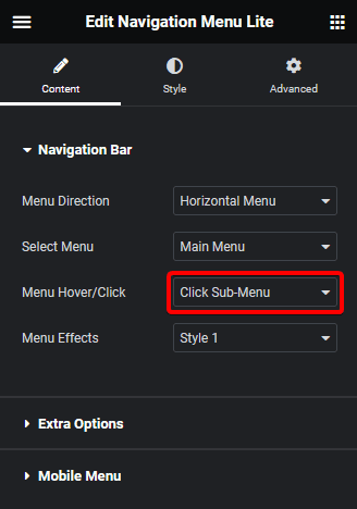 Navigation menu lite click sub menu