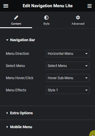 Navigation menu lite navigation bar