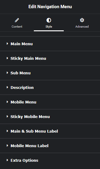 Navigation menu style new navigation menu widget settings overview from the plus addons for elementor